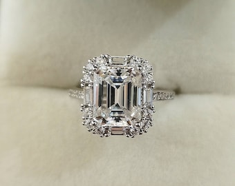3ct Emerald Cut Moissanite Halo Ring in solid 14k or 18k White Gold |9.5x7.5mm D,FL | Dainty and Elegant Emerald Cut Moissanite Diamond Ring