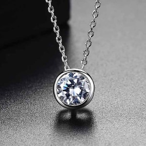 1-3ct Round Cut Moissanite Bezel Necklace  |  Sterling Silver or 18k White/Rose/Yellow Gold Bezel Solitaire Pendant Necklace