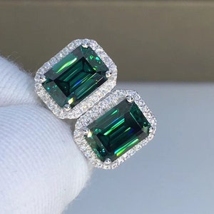 18k Emerald Green Moissanite Earring Studs White Gold | Emerald Cut Green Moissanite Studs  | 1ct+1ct Moissanite Earrings Studs