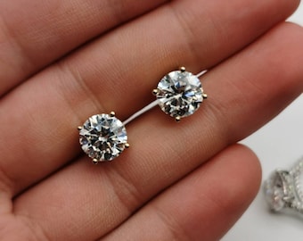 3ct each 14k Yellow Gold Real Moissanite Earring Studs | Round Cut Moissanite Stud | 4 Prong Anniversary Stud for Women, Total of 6cttw