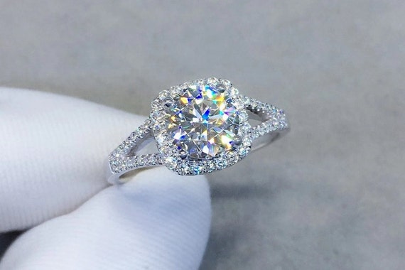 Elegant Moissanite Engagement Ring 18k White Gold With Halo & | Etsy