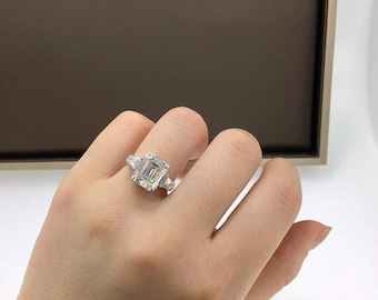 Flawless 5ct Emerald Cut Moissanite Ring with Tapered Baguettes | Solid 14k, 18k White Gold | 9x11mm Three Stone Sidestone Ring