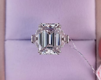 Flawless 10ct Emerald Cut Moissanite Ring with Trapezoid Sides | Solid 18k White Gold | Huge 11x15mm Three Stone Sidestone Ring