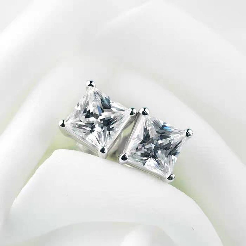 Real Moissanite Earring Studs 18k Gold Princess Cut Moissanite Etsy