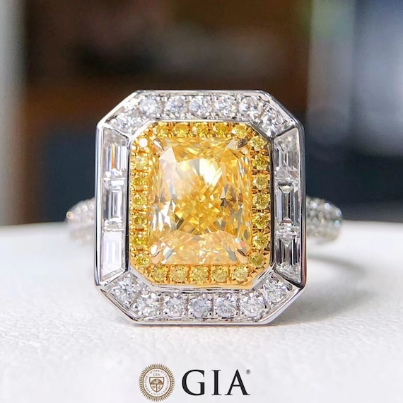 GIA 3.01 Carat Fancy Yellow Radiant Cut Diamond Engagement Ring GIA Certified Crushed Ice Radiant Diamond Ring With Halo 4.08 Cttw Etsy