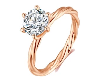 18k Rose Gold Twisted Moissanite Ring | Round Cut Wedding Engagement
