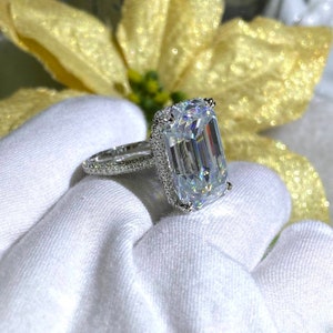 Flawless 20ct Emerald Cut Moissanite Full Pave Ring in Silver or 10k, 14k, 18k White Gold | Huge 19x14mm Emerald Moissanite Colorless D, FL