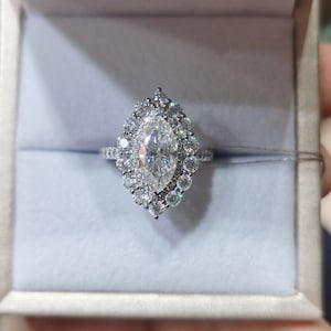 1.5ct Marquise Cut Moissanite Engagement Ring Halo | Art Deco Handmade Ring | 10k/14k/18k Gold | Custom Fine Jewelry