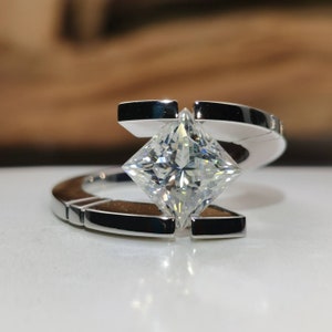 2ct Floating Princess Cut Moissanite Statement Ring in Solid White Gold, D VVS1, Moissanite Tension Ring