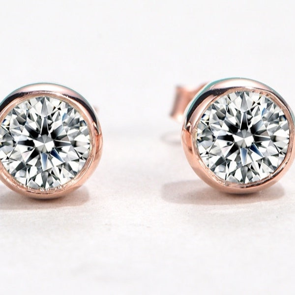 Echte Moissanite Ohrstecker, Lünette Einstellung Rundschnitt Moissanite Stud | 14k Gold Moissanite Ohrringe | Bezel Jahrestag Ohrstecker für Frauen