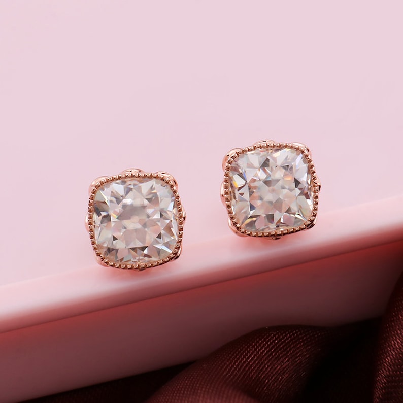 14k Rose Gold Cushion Cut Moissanite Earring Studs Maximum Etsy