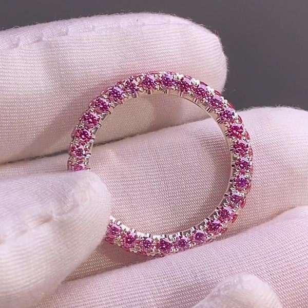 2mm Pink Moissanite Three Side Full Pave Eternity Band | 2.73ctw S925, 18k 14k White Gold Moissanite Wedding Band, Pave Ring