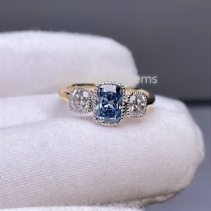 1.6cttw Ocean Blue Elongated Cushion Cut Moissanite Milgrain Bezel Ring 14k solid gold Two Tone Setting