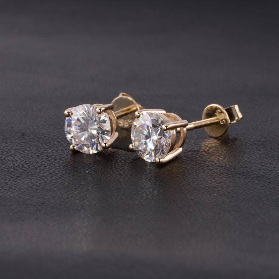 3.00 CTW DEW Round Forever One Moissanite Four Prong Solitaire Stud  Earrings in 14K Yellow Gold