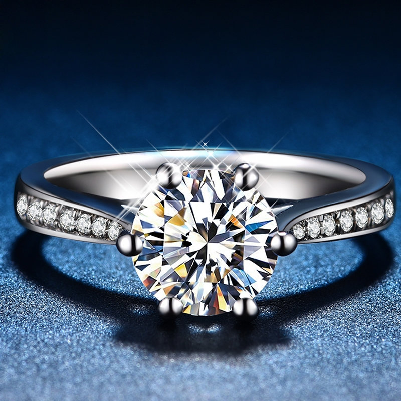 1ct Moissanite Engagement Ring 18k White Gold | Brilliant Round Cut Wedding Ring | Sidestone Setting |  Gold Engagement Ring | D VVS1