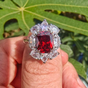 5ct Lab Ruby Ring with 4cttw Moissanite Side Stones | S925 or 14k White Gold Cushion Cut Ruby Halo Ring