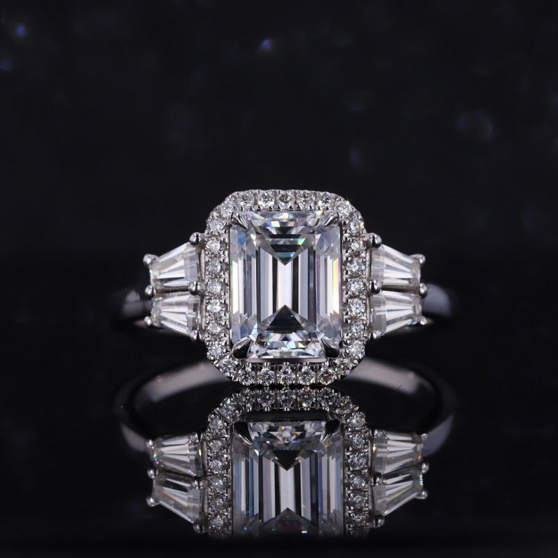 8x6mm Emerald Cut Moissanite Statement Ring With Halo and Etsy