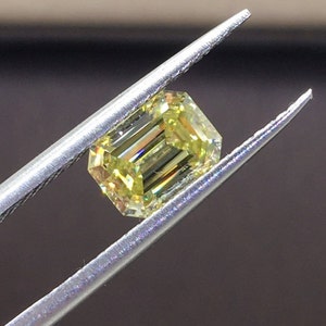 1ct Emerald Cut Yellow Moissanite, Fancy Vivid Yellow Loose Moissanite Stone | Excellent Cut with Certificate