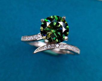 1ct Green Moissanite Ring, Twisted Design, Brilliant Round Cut Moissanite Diamond Ring | 925 Sterling Silver