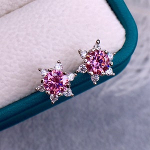 Pink Moissanite Earring Studs 18k White Gold | Star Shaped Pink Round Cut Moissanite Studs | 1ct+1ct Moissanite Earrings Studs | Certificate