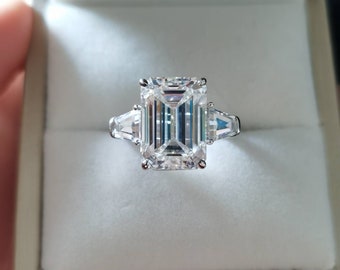 Flawless 8ct Emerald Cut Moissanite Ring with Tapered Baguettes | Solid 18k White Gold | Huge 10x14mm Three Stone Sidestone Ring