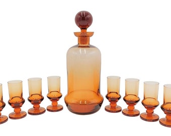 Art Deco amber glass liqueur set, Czech Republic, 1930s