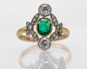 Antique gold ring with emerald and diamonds, France.