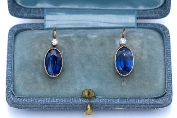 Old gold earrings with diamonds and kyanite, mid … - image 1
