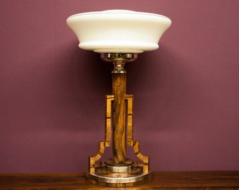 Art Deco Walnut Wooden Table Lamp, mid 20th century.