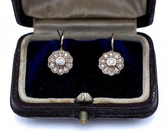 Old hanging gold flower earrings with diamonds, Austria-Hungary, early 20th century.