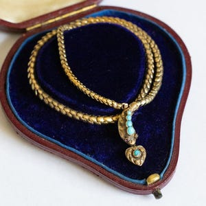 Victorian Gold Snake Necklace with Turquoises and Garnets