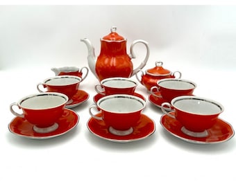 Red porcelain service for 6 people, Karolina, Poland, 1960s