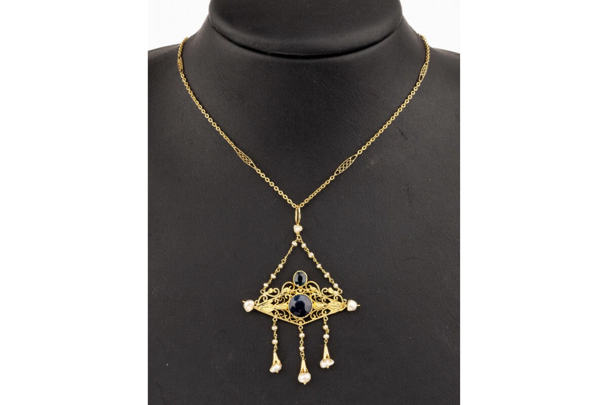 Collier De Perles Avec Fermoir Or 18K Et Saphirs - Espagne, Années 40 - Occasion