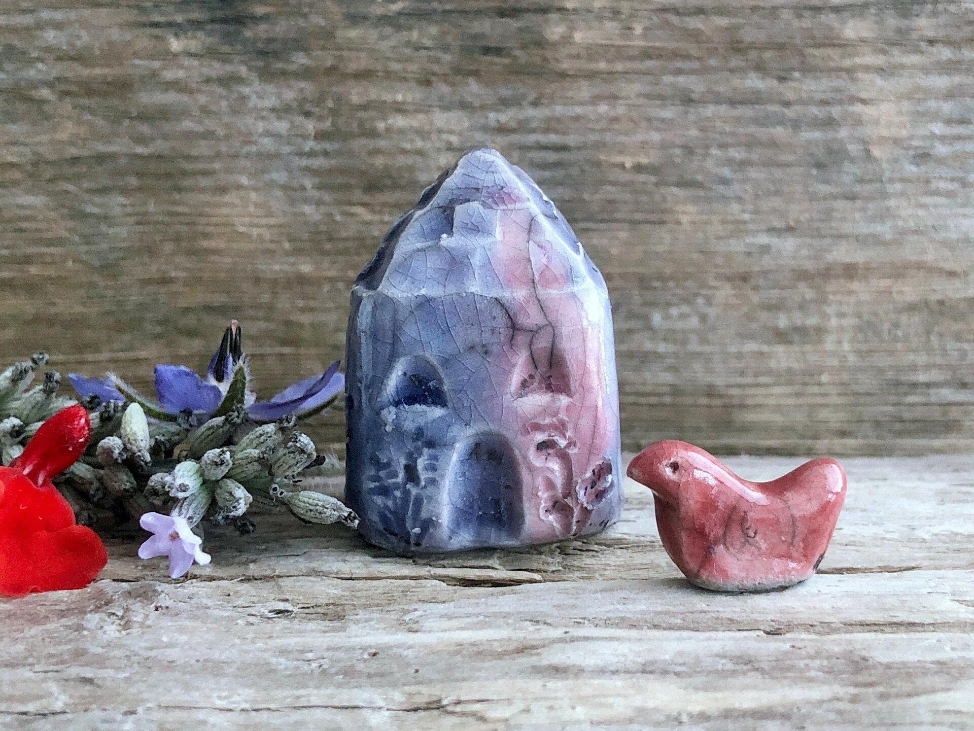 Tiny winter fairie cottage with bird spirit house raku sculpture