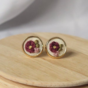 Gold Flower Stud Earrings Pink Floral Embroidered Jewelry Unique Bridesmaids Jewelry/Gift Wedding Jewelry Minimalist Earrings Mother's Day