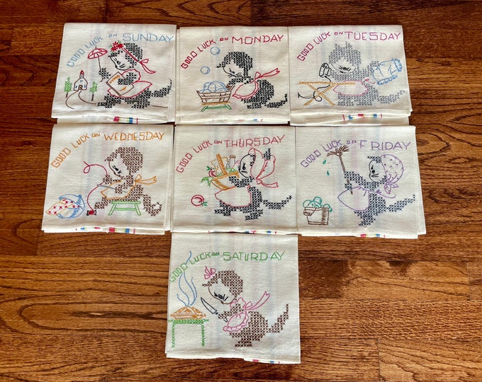 Set of Vintage Kitchen Towels, Mid Century Hand Embroidered Days of
