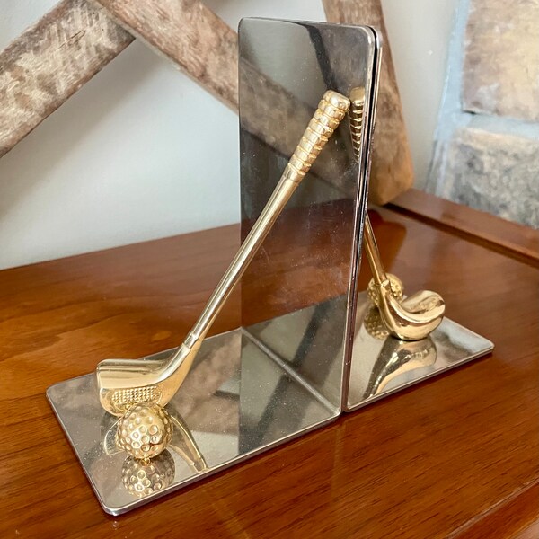 Vintage Chrome & Brass MCM Golf Club - Ball Book Ends, Golf Sculpture Door Stop, Golf Room Decor, Golf Theme Office - Library - Shelf Decor