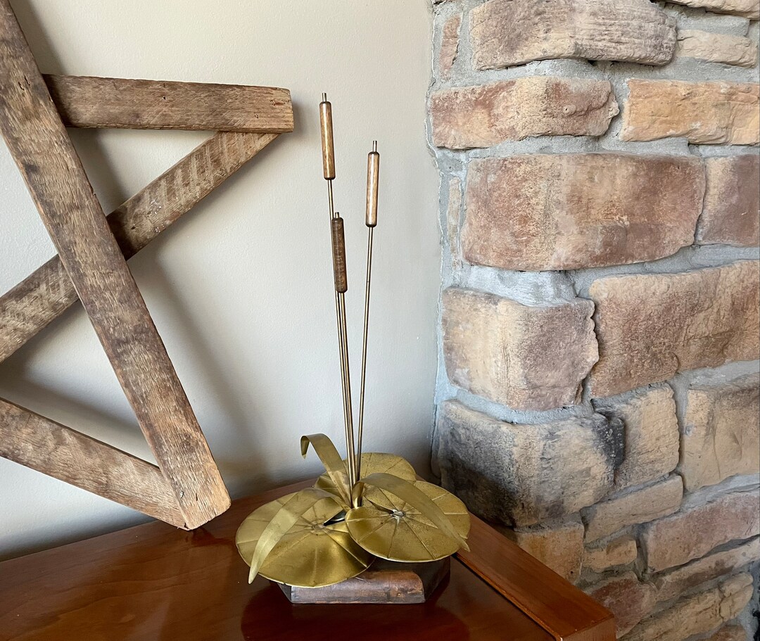 Vintage Midcentury Brass, Wood Cattail & Lily Pad Sculpture MCM