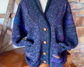 Vintage 1980s Tony Lambert Oversized Grandpa Sweater - Large, Textured Abstract Geometric Wool Blend Cardigan, Hong Kong, Faux Wood Buttons