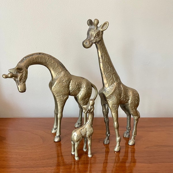 Vintage Brass Giraffes, Three Solid Brass Giraffe Statues, Giraffe Family - Father, Mother & Baby Giraffe, Safari Decor, Zoo Animal Bookend