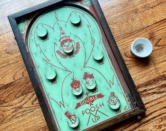 Vintage 1930s Original Table Top Pinball Machine Game (Working!), Double Poosh-M-Up Clowns Pin Ball Board, Man Cave Toys, Game Room Decor