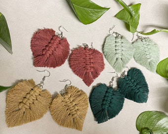 Big macrame leaf earrings, feather dangle earrings, boho tassel wedding earrings, macrame monstera leaf, plant mom gift, gift for women