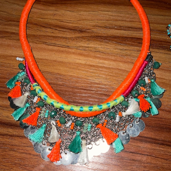 Turquoise blue and orange tasseled necklace