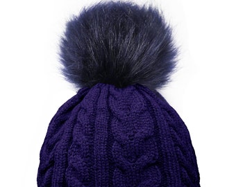 Adult Knitted Pom Pom Hat with faux fur lining winter hat