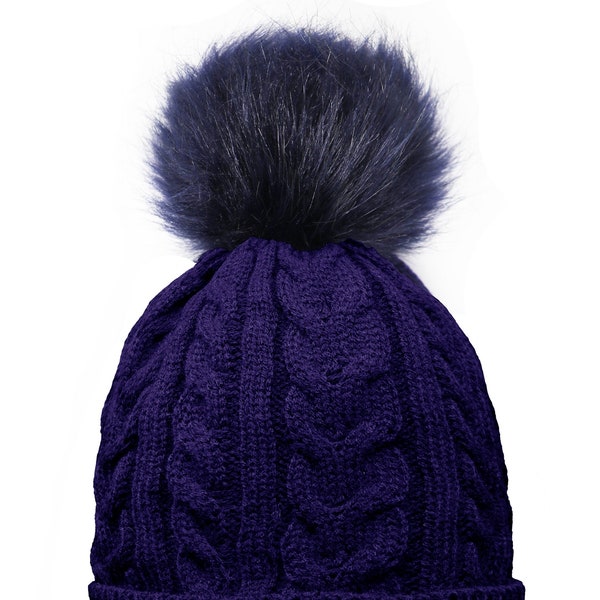 Adult Knitted Pom Pom Hat with faux fur lining winter hat