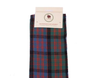 May include: A blue, green, red, and black plaid scarf with fringe. The scarf has a label that reads "Macdonald Clan Ancient" and "Tartan Clan Scarf".