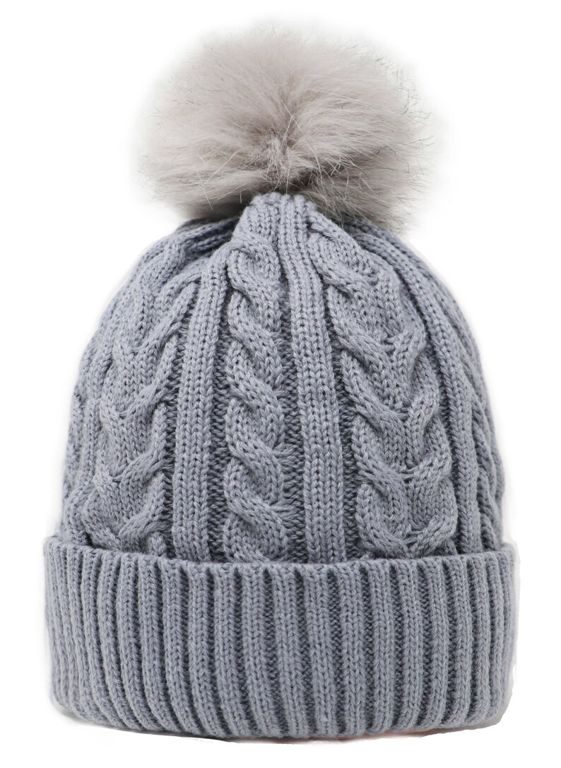 Gorro de punto con pompón para adulto con forro de piel sintética, gorro de invierno Grey