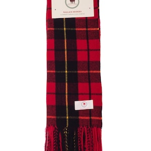 May include: Red, black, and yellow plaid scarf with fringe. The scarf has a label that reads "Wallace Modern Superfine Scottish Clan Scarf".