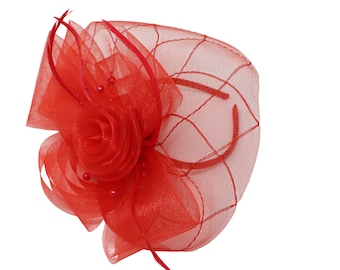 Red Fascinator Beaded Flower Net With Headband And Hairclip