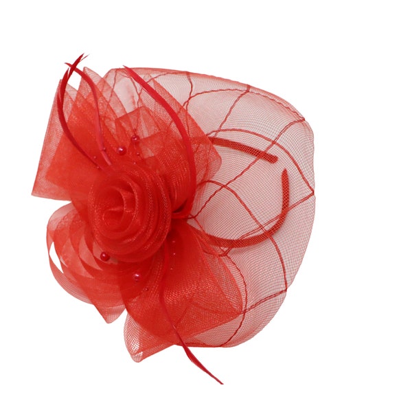 Red Fascinator Beaded Flower Net With Headband And Hairclip